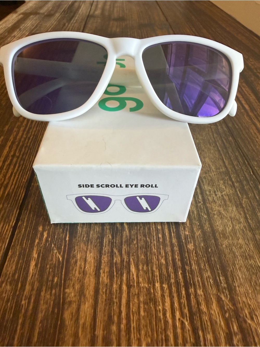 White Frame Purple tinted Lens Sunglasses - Side Scroll Eye Roll Brand Goodr